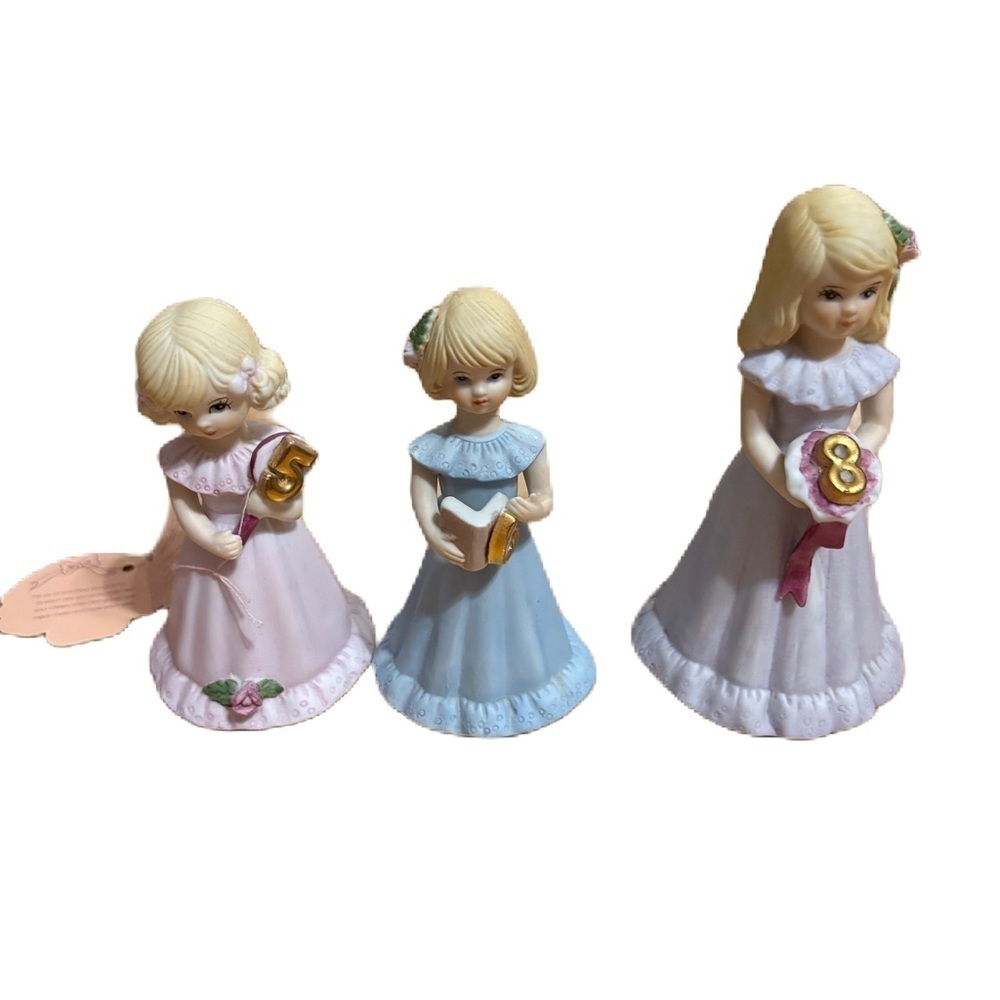 Vintage Enesco Growing Up Girls Porcelain Dolls 5 6 8 Birthday Blonde Blue Pink